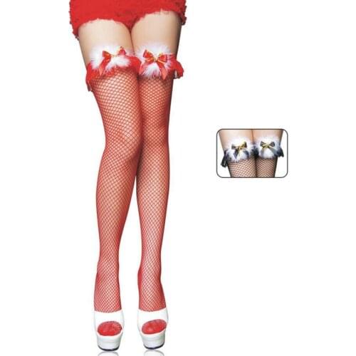 Fashion Red Fishnets Thigh High Stockings Woman Black Lace Sexy Mesh Sheer Overknee Long Socks With Bow Bells Feather Christmas