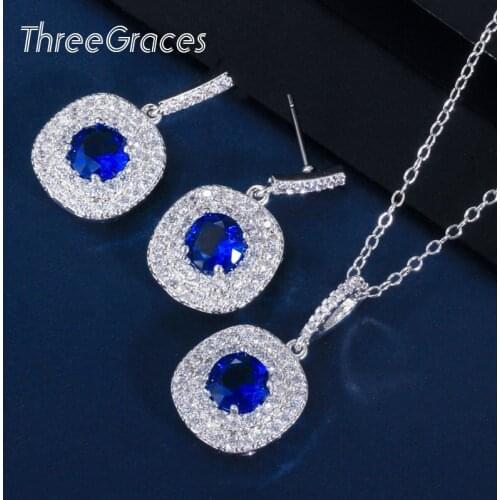 ThreeGraces Noble Royal Blue Cut Circle Micro Pave Cubic Zirconia Stone Pendant Necklace Earrings Jewelry Sets for Ladies JS218