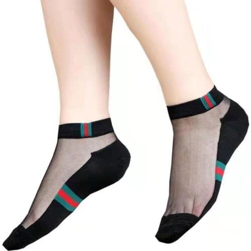 Women Socks Transparent Summer Thin Breathable Green Red Stripes Soft Femal Socks Invisible Short Boat Slip Silk New Tube Socks