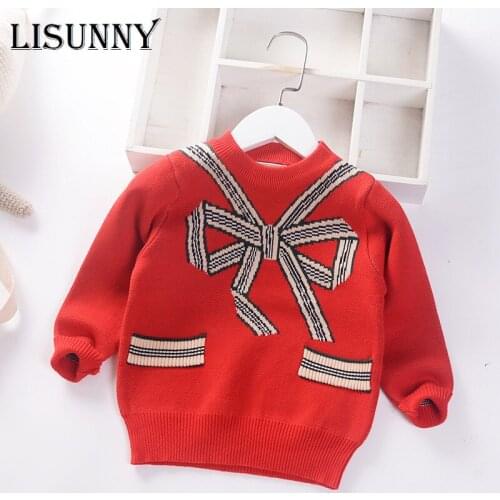 Autumn Winter 2021 Preppy Style Baby Girls Sweater Jumper Children Knitted Clothes Kids Pullover Bow O-Neck Toddler Sweaters
