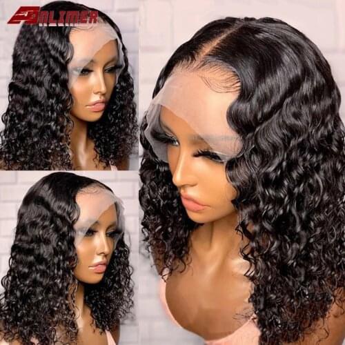 Malaysian Jet Black Wave Lace Human Hair Wigs Short Bob Curly Human Hair Wig 4*4 Lace Closure Wig Pre-Plucked With Baby Hair