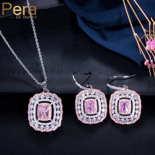 Pera New Fashion Design Prom Party Pink Jewelry Set Big Cubic Zirconia Square Shape Long Drop Necklace Earrings for Women J026