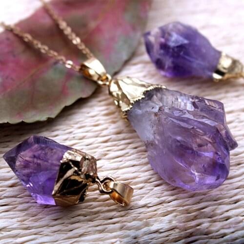 Genuine Irregular Amethysts Pendant Necklace High Grade Purple Quartz Jewelry with Goldtone Metal Chain 18"