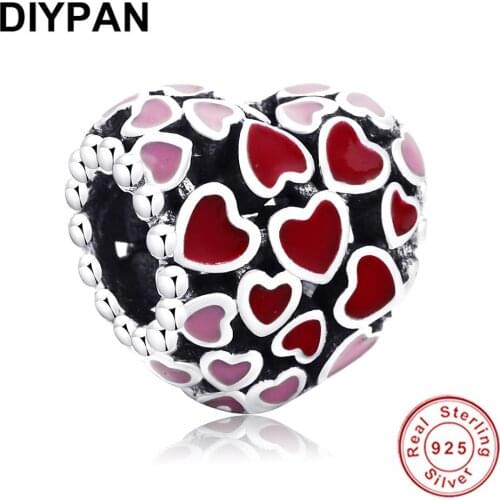 Pink Red Heart Charm Beads Fit Pandora Original Bracelet Charm 925 Sterling Silver Jewelry Berloque Bangle Pendant