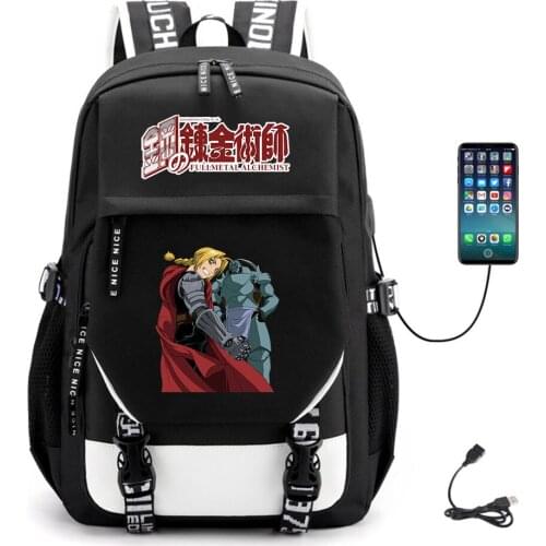 Anime Fullmetal Alchemist Unisex USB Backpack Teenger Fabric Student Canvas Casual Packsack Schoolbag High Quality Laptop Bag