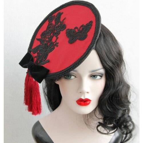 Dark Red Party Hats for Women Hair Accessories with Tassels Vintage Christmas Party Headwear Lace Appliques T212