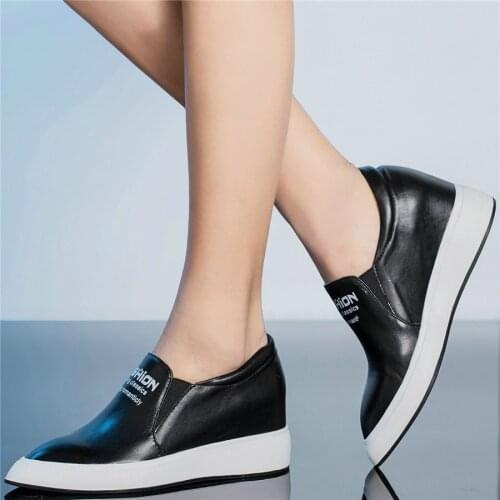 New Platform Wedges Loafers Women Slip On Genuine Leather High Heel Pumps Shoes Female Pointed Toe Fashion Sneakers Casual Shoes