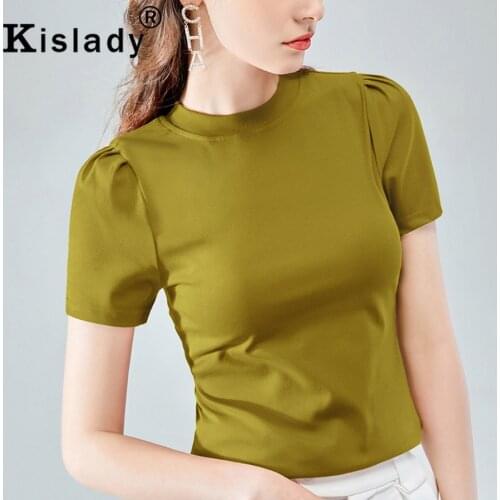 2020 Spring Womens O-Neck Fold Patchwork Gothic T-Shirts Sexy OL Tops Elegant Solid Shirt Korean Harajuku Puff Sleeve Clothing