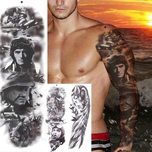 American Soldiers Long Sleeve Temporary Tattoos For Men Women Black War Army Airplane Tattoos Sticker Fake Full Tatoos Arm