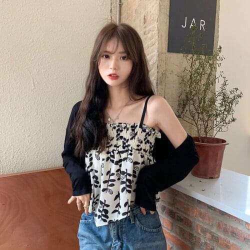 Retro Floral Camisole Womens Summer New Korean Style Slim and Thin All-match Outer Jacket