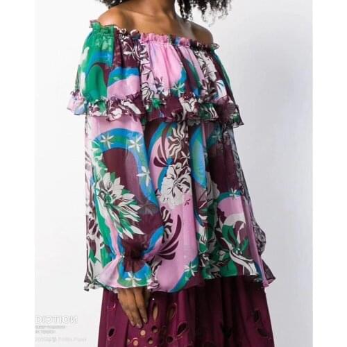 Runway Fashion 2020 Autumn Bohemian Silk Blouse off Shoulder Ruffles Flower Print Designer Inspired Blouse