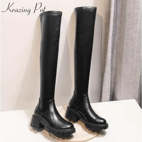 Krazing Pot big size cow leather stretch over-the-knee boots platform round toe high heels winter women warm thigh high boots
