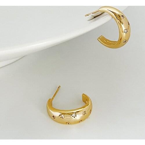 Vintage Starburst Zirconia Stud Earring For Women 18k Real gold Plated Star Moon C Shaped Earrings Stud Hoop Earrings