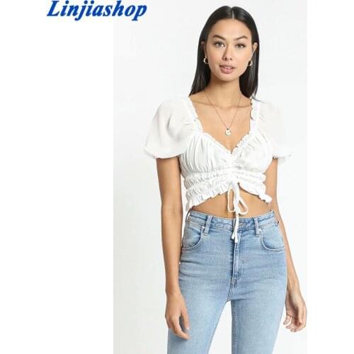 Vintage Blue Front Drawstring Women Camis Palace Ruched Summer Tank Top Harajuku Short Sleeve