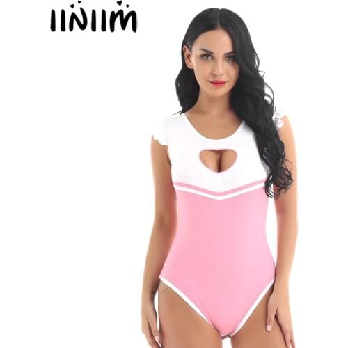 Womens Adult One Piece Bodycon Lingerie Nightwear Heart-shaped Cutout Bust Crotch Romper Jumpsuit Bodysuit Sexy Cosplay Costumes
