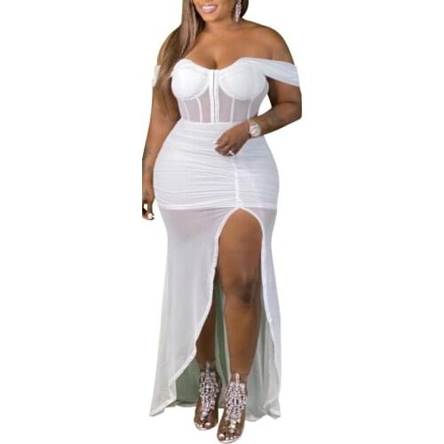 4XL 5XL Plus Size Sexy Dresses for Womens Slash Neck Bodycon Solid High Split Floor Length Evening Night Party Vestidos Mujer
