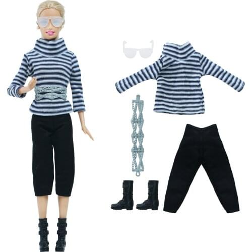 BJDBUS 1 Set Doll Outfit Black T-Shirt Glasses White Trousers High Heels Sandals Shoes Handbag Clothes for Barbie Doll DIY Toys