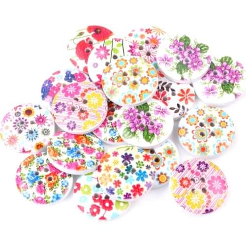 20mm 4 Holes Mixed Flower Round Natural Wooden Decorative Buttons For Sewing Scrapbooking Crafts 20pcs