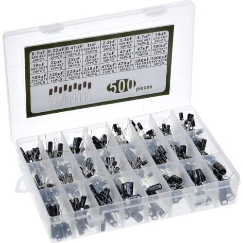 500Pcs/lot diy 0.1UF-1000UF 24Values Aluminum Electrolytic Capacitors 16-50V Mix Electrolytic Capacitor Assorted Kit Set Box