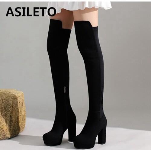 ASILETO Winter Elastic Slim Women Over Knee High Boots Platform Block High Heel Ladies Zip Suede Round Toe Womens Boots S2353