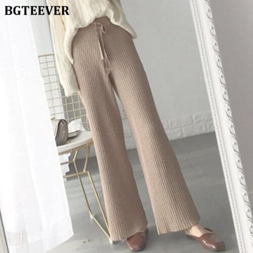 BGTEEVER Vintage Soft Women Wide Leg Pants Elastic Waist Lace-up Female Knitted Trousers 2020 Autumn Loose Sweater Pants Femme