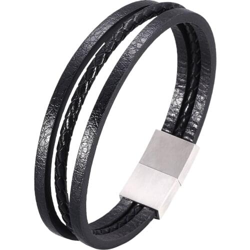 Black/Brown Leather Bracelet for Men Jewelry Pulseras Mujer