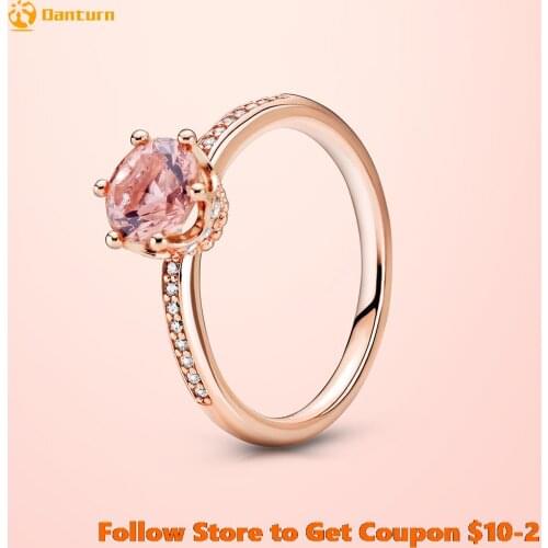 Danturn Autumn Original 925 Sterling Silver Ring Pink Sparkling Crown Solitaire Rings Women Rings Engagement rings Wedding rings