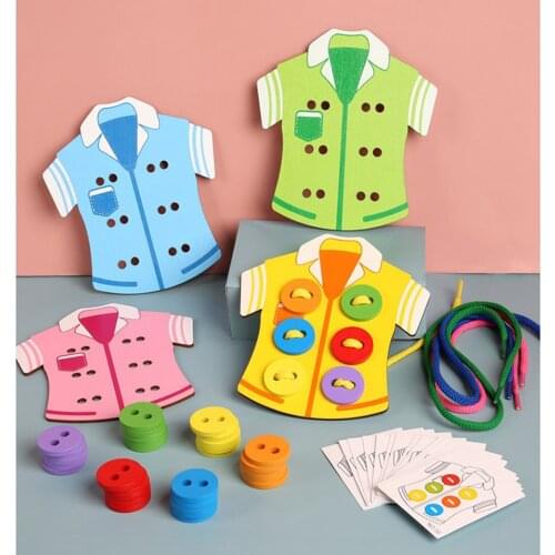 Kids Montessori Wooden Threading Lacing Clothes Puzzle Early Educational Toys Fine Motor Skills Learn to Buckle