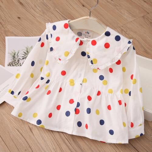 2021 New Spring Autumn 2 3 4 6 8 10 Years Children Cotton White Flower Flare Sleeve Polka Dot Print Kids Baby Girls Blouse Shirt