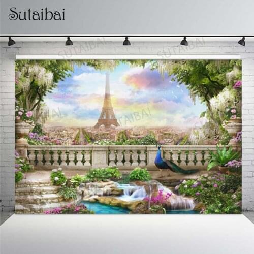 Paris Garden Balcony Landscape Photography Backgrounds Peacock Customized Portrait Baby Photographic Backdrops for Photo Studio