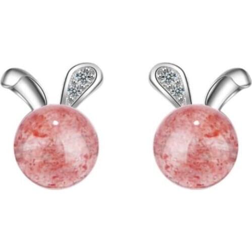 Cute Bunny Animal Exquisite Fashion 925 Sterling Silver Jewelry Personality Rabbit Ear Strawberry Crystal Stud Earrings SE467