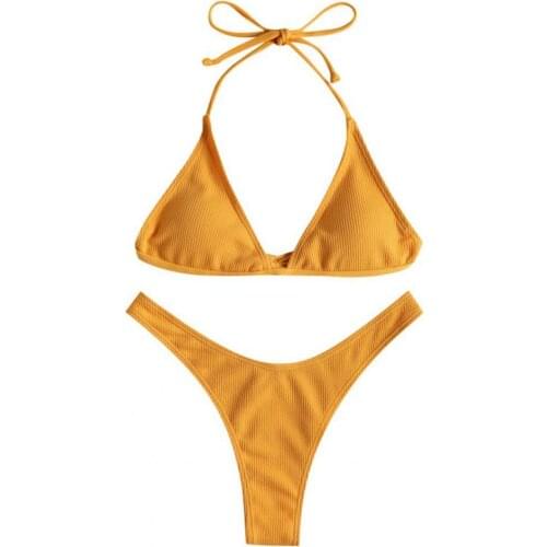 2Pcs/Set Beach Hot Sexy Swimsuit Solid Push Up Halter High Waist Two Piece with Chest Pad Triangle Bottoms Women Underwear