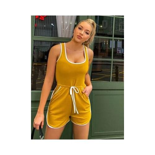 Summer Feminine U-Neck Pocket Solid Color Vest Jumpsuit Casual Loose Lace Up Sports Womens Jumpsuit Shorts