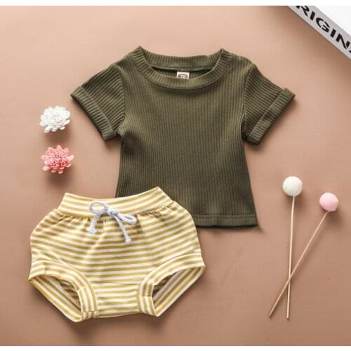 Baby Boys Girls Summer Short-sleeve shorts suit cotton stripe Baby Suit round collar Baby Boys Girls Suit