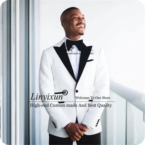 Fashion Wedding Tuxedos Groom Wear White Men Suits 2 Piece Sets Black Peak Lapel Party Prom Groomsmen Blazer Suit (Jacket+Pants)