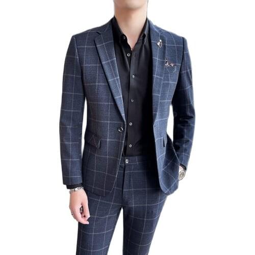 Left ROM Fashion Mens British Plaid Suit 2-piece Sets Groom Wedding Dress Business Formal Overalls Mens Social Prom Dress Stage