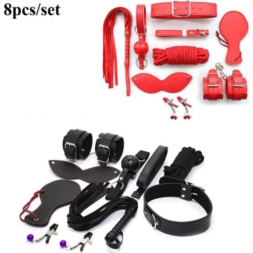 CamaTech 8Pcs Leather Bondage Restraint Kit Handcuffs Ball Gag Mask Collar Nipple Clamp Whip Rope BDSM Set Erotic Toy For Couple