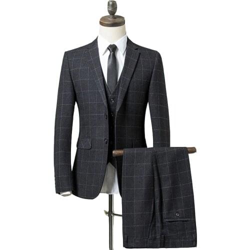 2019 New Black Plaid Suit Men Formal Slim Fit three Piece Suits Men Prom Groomsmen Mens Wedding Suits (Jacket+Pants+Vest)