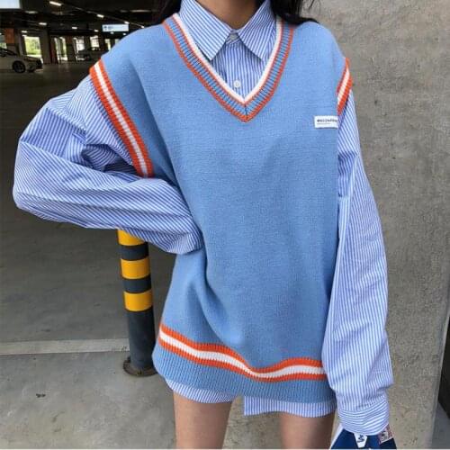 New Pring Autumn College Style Girls Sleeveless Stripes Knit Vests Pullovers V Neck Sweaters For Jk School Uniform Student Tops
