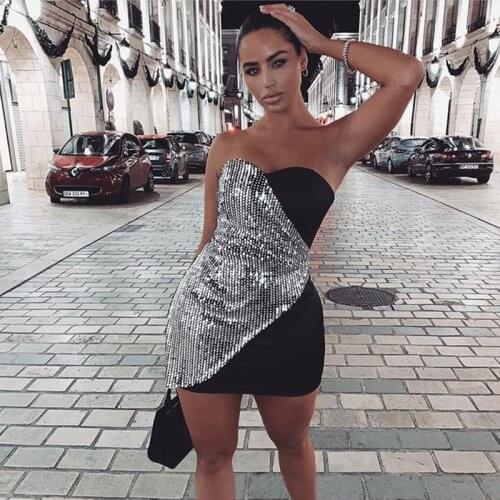 BKLD Spring Summer 2021 Women Fashion New Strapless Sequin Patchwork Nightclub Sexy High Waist Irregular Off The Shoulder Dress