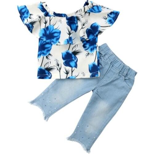 Pudcoco 2018 Kids Baby Girl Floral T-shirt Top+Jeans Long Pants Outfit Blue Chiffon Blouse Denim Pant Children Girl Sets 1-5T