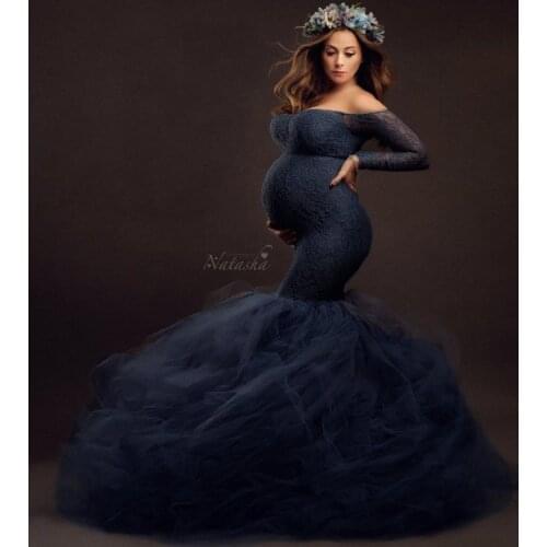 Sexy Lace Shoulderless Pregnancy Dress Photography Props Maxi Gown splice Mesh Maternity Dresses For Photo Shoot Clothes