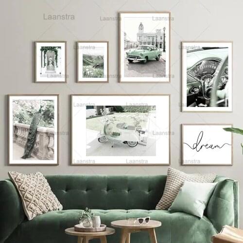 Green Daisy Botanic Car Scooter Peacock Wall Art Canvas Painting Nordic Posters and Prints Wall Pictures for Living Room Decor