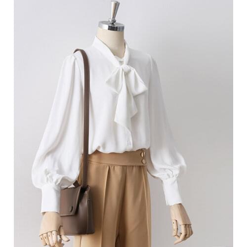 Bow neck chiffon women blouse and shirts solid lantern sleeved elegant office lady shirts outwear coat tops