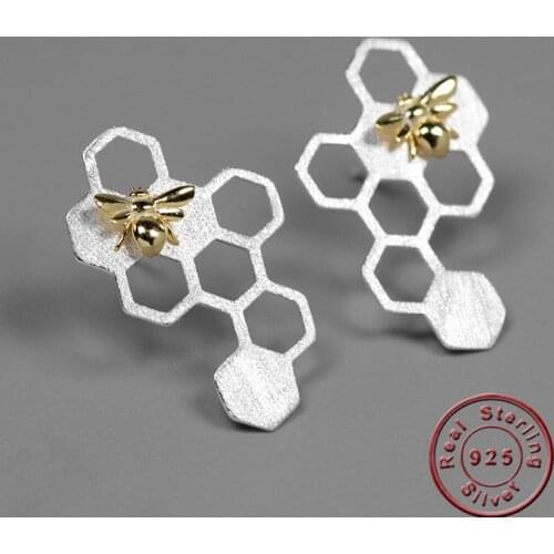 Amxiu Real Sterling Silver Stud Earrings Two Tones Honeycomb Bee Earrings For Women Mothers Gift Party Birthday Accessories