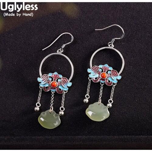 Uglyless Vintage Enamel Lotus Flower Earrings for Women Natural Jade Tassels Earrings Real 925 Silver Ethnic Jewelry China Chic