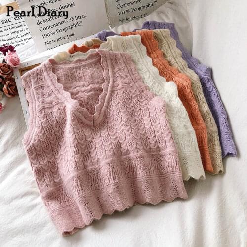 Pearl Diary Women Knitted Sweater Vest Spring Autumn Scalloped Edge V Neck Pullover Solid Color Sweet Style Going Out Girl Vest