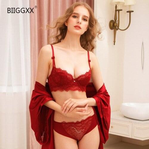 BIIGGXX Womens Lingerie French Sexy Floral Pattern Lace Small Breast Gathering Bra Panty Set Thin Style Breathable Large Size