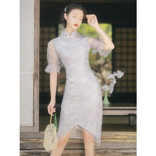 Women Vintage Net Gauze Cheongsam Modern Chic Girl 2021 Purple Gentle Embroidery Tassel Midi Summer Qipao Vestido de mujer