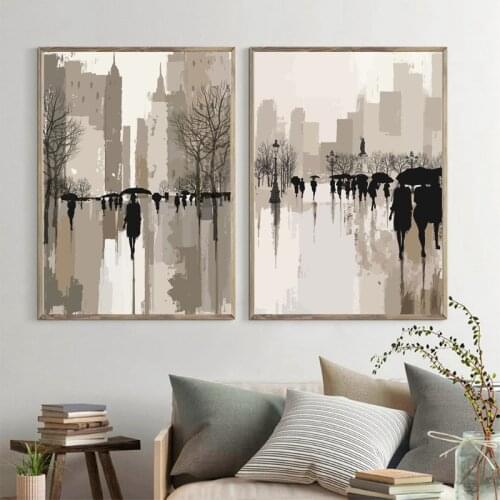 City Street View In The Rain Abstract Watercolor Art Painting Posters and Prints Neutral Colors Wall Pictures Living Room Decor
